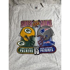 VTG 1997 Green Bay Packers Patriots Super Bowl XL Gray T shirt USA Single Stitch